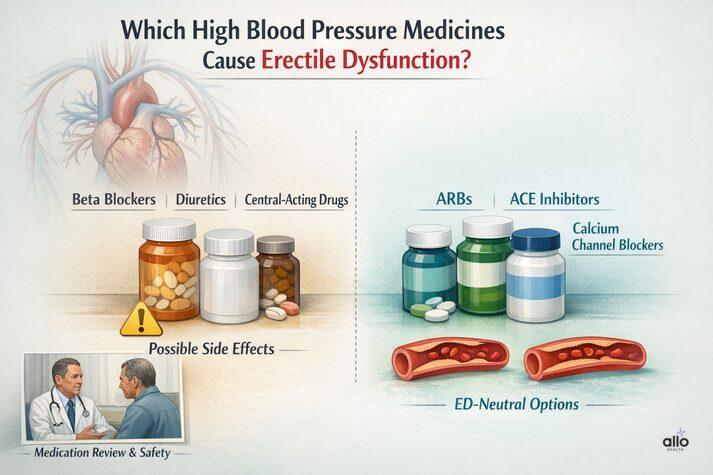 Infographic comparing blood pressure medications that may cause erectile dysfunction with ED-neutral options, emphasizing safe medication review with a doctor.