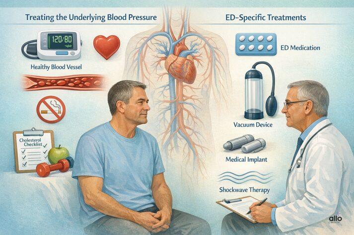 Medical illustration showing treatment options for erectile dysfunction related to high blood pressure, including blood pressure control and ED-specific therapies.