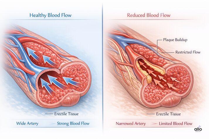 High Blood Pressure (Hypertension) and Erectile Dysfunction: Causes, Link & Treatment 2 Comparison of healthy blood flow versus reduced blood flow in penile erectile tissue, showing how narrowed arteries can lead to erectile dysfunction.