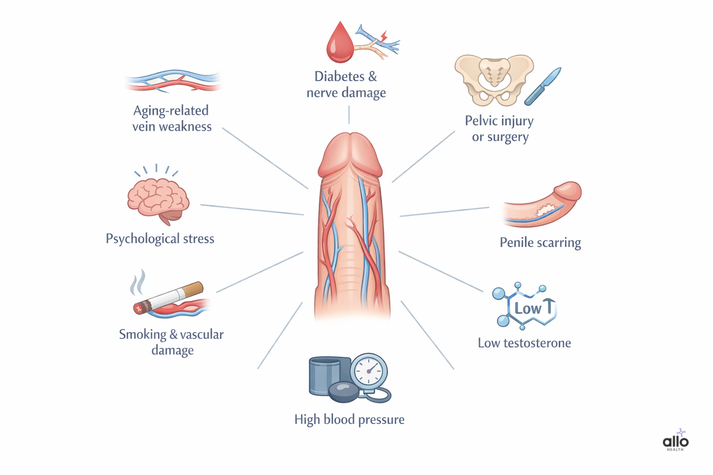 Infographic illustrating causes of venogenic erectile dysfunction, including aging veins, diabetes, pelvic injury, smoking, psychological stress, penile scarring, low testosterone, and high blood pressure