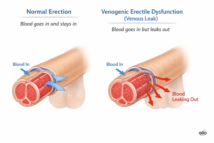 Venogenic Erectile Dysfunction (Venous Leak ED): Causes, Symptoms, Diagnosis & Treatment 2 Comparison diagram showing a normal erection where blood stays trapped versus venogenic erectile dysfunction where blood leaks out through penile veins