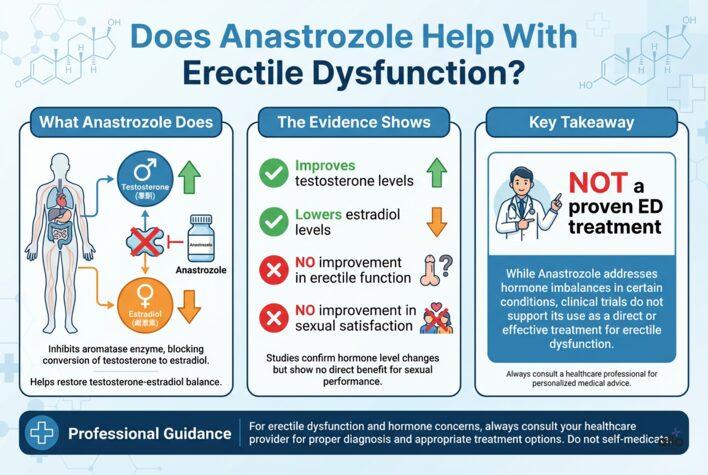 Anastrozole (Arimidex) for Erectile Dysfunction: Hormonal Balance and Treatment 2 Medical infographic explaining whether anastrozole helps erectile dysfunction, showing how the drug affects testosterone and estradiol levels, with evidence summary and key takeaway.