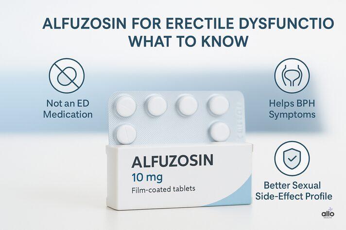 “Alfuzosin erectile dysfunction infographic showing that alfuzosin is not an ED medication, helps BPH symptoms, and has a better sexual side-effect profile.”