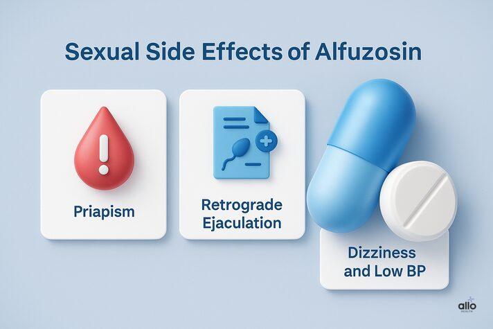 “3D medical infographic illustrating alfuzosin erectile dysfunction side effects such as priapism, retrograde ejaculation, and dizziness from low blood pressure.”