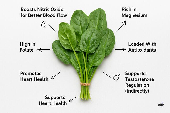 Spinach and Erectile Dysfunction: Know Benefits, Uses, and Risks for Sexual Health 3 Infographic showing spinach benefits for erectile dysfunction, highlighting nutrients like nitrates, folate, magnesium, antioxidants, and heart-health support.