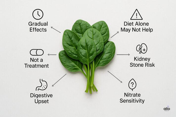 Spinach and Erectile Dysfunction: Know Benefits, Uses, and Risks for Sexual Health 4 Infographic explaining limitations and side effects of spinach benefits for erectile dysfunction, including kidney stone risk, nitrate sensitivity, and gradual effects.