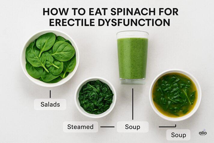 Spinach and Erectile Dysfunction: Know Benefits, Uses, and Risks for Sexual Health 5 Infographic demonstrating how to eat spinach for erectile dysfunction, with visuals of salads, smoothies, steamed spinach, and spinach soup.