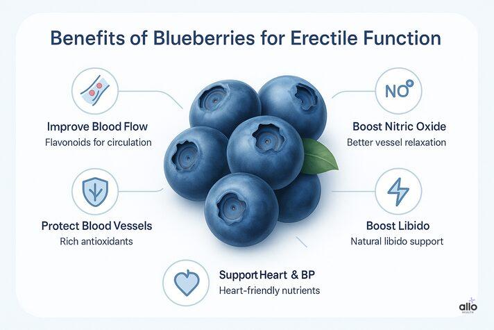 Infographic showing the benefits of blueberries for erectile dysfunction, including improved blood flow, higher nitric oxide, antioxidant protection, and better heart health.