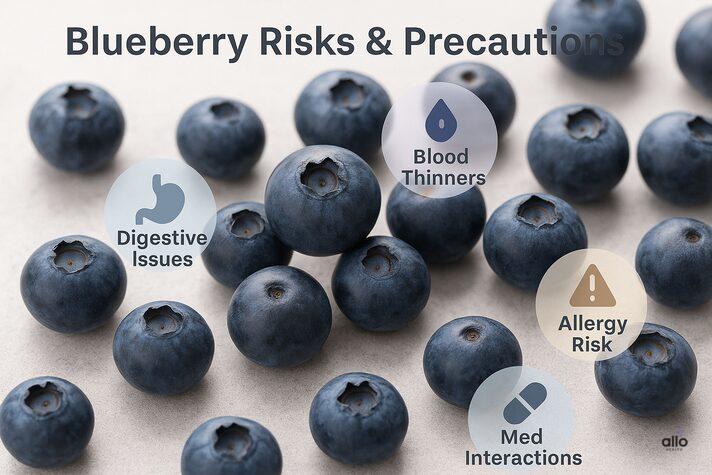 Infographic showing risks of using blueberries for erectile dysfunction, including digestive issues, blood sugar concerns, blood thinner interactions, allergies, and medication interactions.