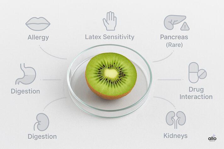 Kiwi and Erectile Dysfunction: Know Benefits, Uses, and Risks for Sexual Health 3 Kiwi for erectile dysfunction shown in a petri dish with icons highlighting possible side effects such as allergy, digestion issues, kidney concerns, and drug interactions