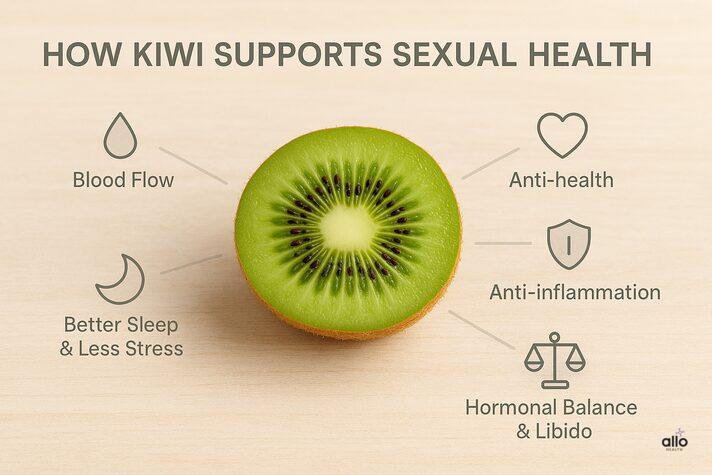 Kiwi and Erectile Dysfunction: Know Benefits, Uses, and Risks for Sexual Health 2 Kiwi for erectile dysfunction illustrating potential benefits like improved blood flow, heart health, reduced inflammation, hormonal balance, and better sleep