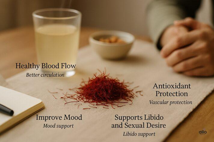 Saffron (Kesar) and Erectile Dysfunction: Know Benefits, Uses, and Risks for Sexual Health 2 Saffron for erectile dysfunction shown with visual cues representing healthy blood flow, antioxidant protection, improved mood, and libido support.