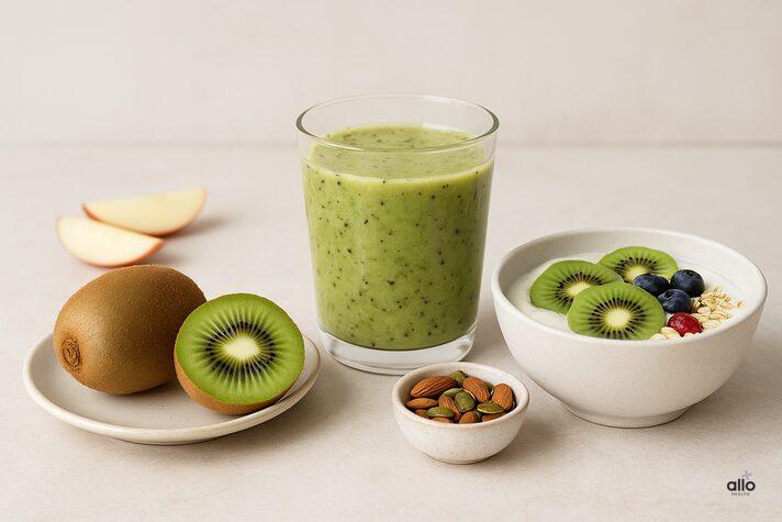 Kiwi and Erectile Dysfunction: Know Benefits, Uses, and Risks for Sexual Health 4 Kiwi for erectile dysfunction shown in different diet forms including fresh fruit, smoothie with nuts, and yogurt bowl for daily consumption