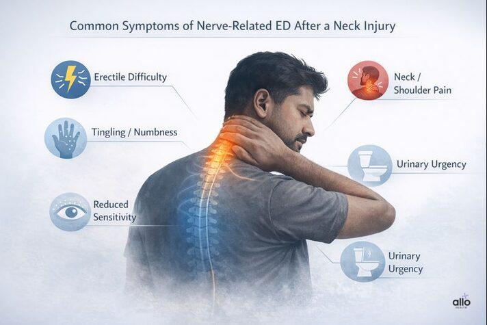 Visual showing common symptoms explaining how a neck injury can cause erectile dysfunction, including nerve tingling, reduced sensitivity, neck pain, and urinary urgency