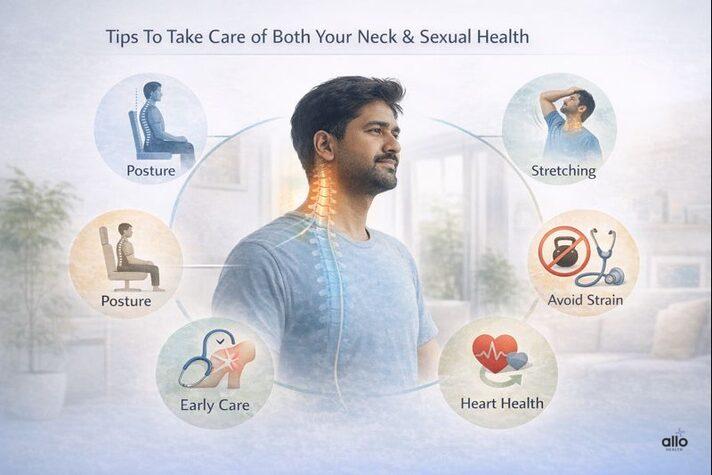 Lifestyle illustration showing posture, stretching, heart health, and pain care to reduce the risk of erectile dysfunction when a neck injury causes nerve problems