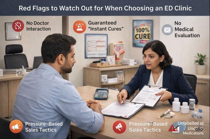 Finding the Right Erectile Dysfunction Clinic: What to Look For 4 Red flags to watch out for when choosing an erectile dysfunction clinic, including no doctor interaction and pressure-based sales tactics