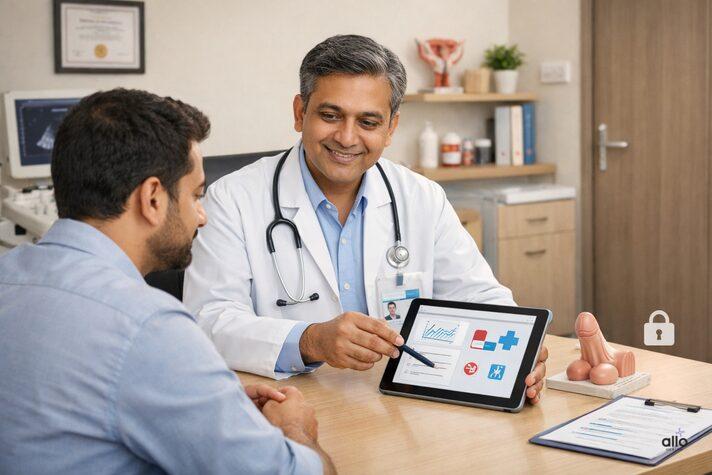 Finding the Right Erectile Dysfunction Clinic: What to Look For 2 Doctor discussing personalised treatment and diagnosis at an erectile dysfunction clinic with focus on privacy and medical oversight