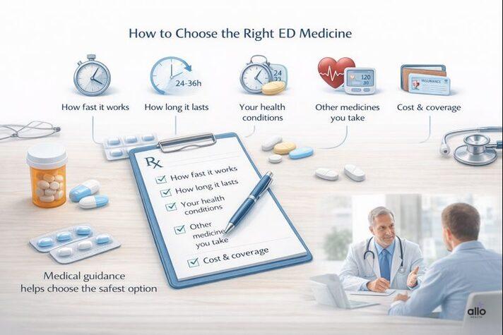 Best Medicines for Erectile Dysfunction: Types, Uses, and Safety Guide 5 Checklist explaining how to choose the right medicine for erectile dysfunction based on speed, duration, health conditions, other medicines, and cost.