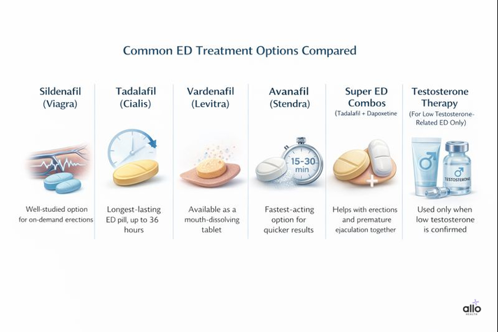 Best Medicines for Erectile Dysfunction: Types, Uses, and Safety Guide 3 Comparison of common medicine for erectile dysfunction options including sildenafil, tadalafil, vardenafil, avanafil, combination pills, and testosterone therapy.
