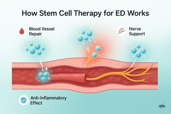 How stem cell therapy for erectile dysfunction in India works, illustrating blood vessel repair, anti-inflammatory effects, and nerve support using MSCs.