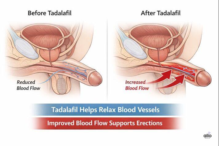 Medical illustration showing how tadalafil dose for erectile dysfunction improves blood flow to support erections.