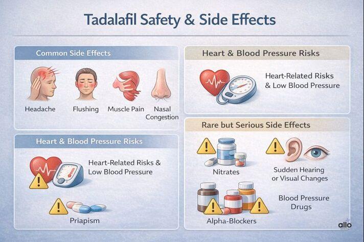Infographic explaining tadalafil dose for erectile dysfunction and related side effects, heart risks, and safety precautions.