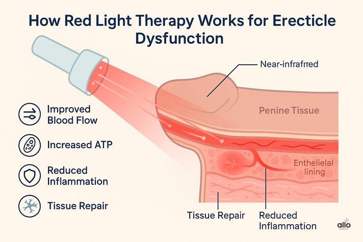 Red Light Therapy for Erectile Dysfunction: Benefits, Risks, and Cost 2 A medical-style diagram explaining how red light therapy erectile dysfunction works, showing red and near-infrared light improving blood flow, reducing inflammation, and supporting tissue repair in penile tissue.
