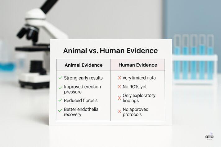 Red Light Therapy for Erectile Dysfunction: Benefits, Risks, and Cost 3 A comparison chart illustrating animal vs human research evidence for red light therapy erectile dysfunction, displayed on a lab desk with a microscope and test tubes in the background.