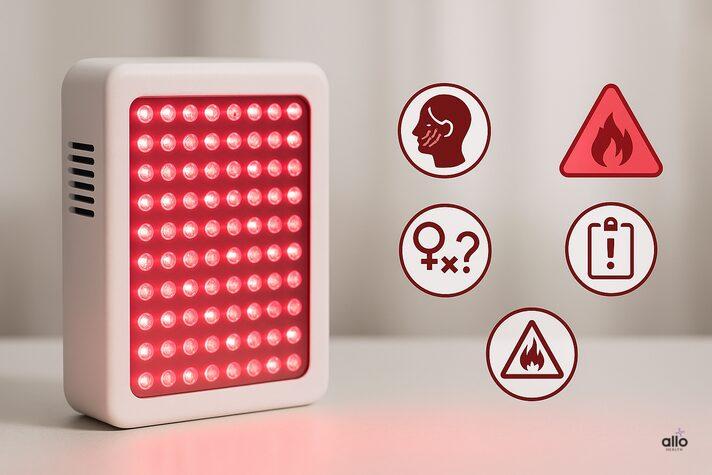 Red Light Therapy for Erectile Dysfunction: Benefits, Risks, and Cost 4 A realistic photo of a red light therapy device with safety icons showing the risks of red light therapy erectile dysfunction, including skin irritation, burn hazards, fertility uncertainty, and lack of long-term research.