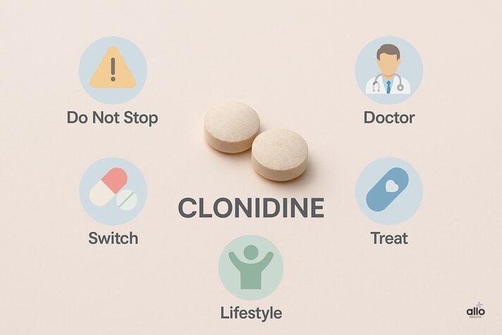 Clonidine and Erectile Dysfunction: Uses, Dosage, and Sexual Side Effects 5 A pastel medical infographic showing clonidine tablets in the center with icons for “Do Not Stop,” “Doctor,” “Switch,” “Treat,” and “Lifestyle,” explaining steps to manage clonidine side effects erectile dysfunction.