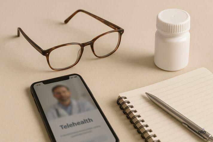 A clean tabletop scene with glasses, a phone displaying a telehealth screen, and a pill bottle representing how roman sex pills are accessed through online care at home.