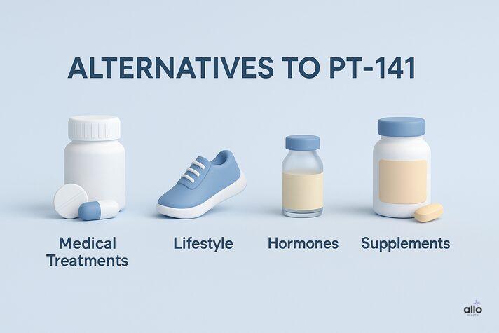 PT-141 for Erectile Dysfunction: How the Peptide Boosts Libido and Performance 4 3D icons illustrating alternatives to pt 141 libido treatments, including medical ED medications, lifestyle changes, hormonal therapy, and supplements.