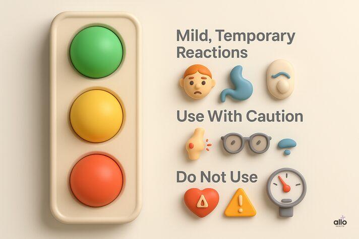 PT-141 for Erectile Dysfunction: How the Peptide Boosts Libido and Performance 3 3D traffic-light style infographic showing pt 141 libido safety, including mild reactions, caution signs, and conditions where PT-141 should not be used.