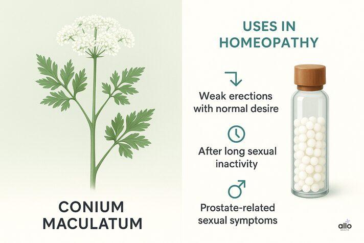 “Infographic showing conium maculatum for erectile dysfunction with homeopathic uses such as weak erections, long sexual inactivity, and prostate-related symptoms.”