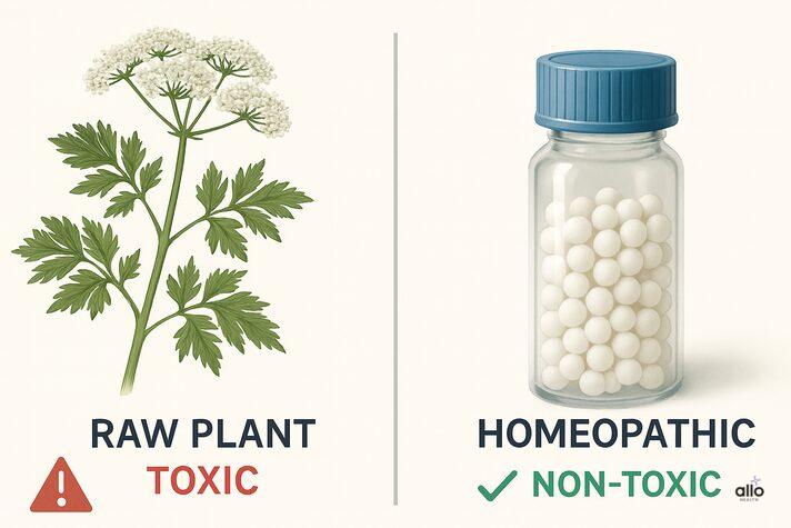 “Comparison of raw hemlock plant and homeopathic pellets explaining safety differences when using conium maculatum for erectile dysfunction.”