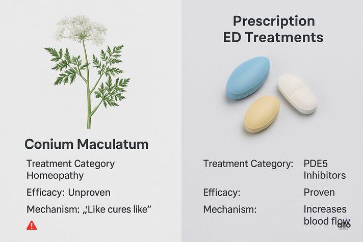 “Side-by-side comparison of conium maculatum for erectile dysfunction versus prescription ED treatments showing efficacy and mechanism differences.”
