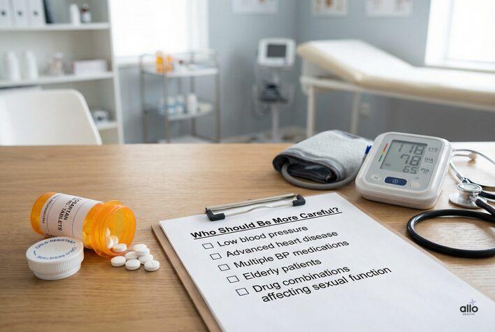Losartan and Erectile Dysfunction: Can Blood Pressure Drugs Cause Performance Issues? 6 A medical desk setup showing a checklist of risk groups who should be cautious with losartan, used to explain losartan sexual side effects and related health considerations.
