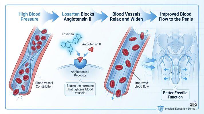 Losartan and Erectile Dysfunction: Can Blood Pressure Drugs Cause Performance Issues? 3 A medical infographic illustrating how losartan improves blood flow and reduces losartan sexual side effects by blocking angiotensin II and relaxing blood vessels.
