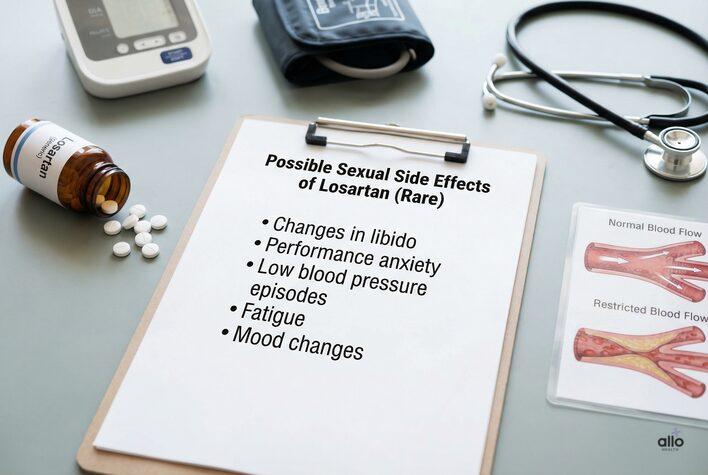 Losartan and Erectile Dysfunction: Can Blood Pressure Drugs Cause Performance Issues? 5 A medical clipboard listing possible sexual side effects of losartan, including libido changes and performance anxiety, illustrating losartan sexual side effects clearly.