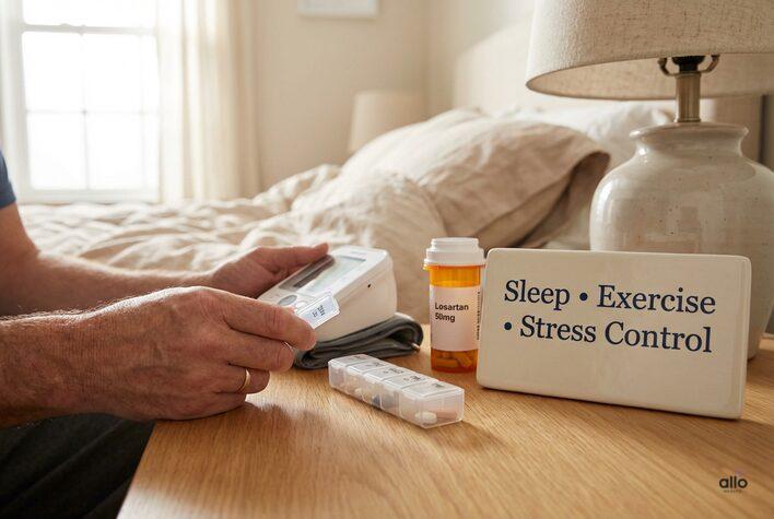 Losartan and Erectile Dysfunction: Can Blood Pressure Drugs Cause Performance Issues? 7 A bedside table with a losartan bottle, pill organizer, and blood pressure monitor, showing how lifestyle changes can help reduce losartan sexual side effects.