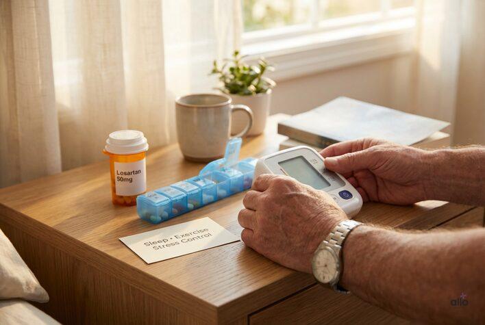 Losartan and Erectile Dysfunction: Can Blood Pressure Drugs Cause Performance Issues? 2 A bedside table with a losartan bottle, pill organizer, and blood pressure monitor, showing how lifestyle changes can help reduce losartan sexual side effects.