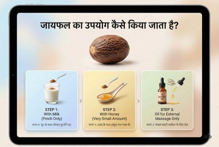 “Jaayphal ka upyog kaise kiya jata hai – doodh, shahad aur tel ke saath”
