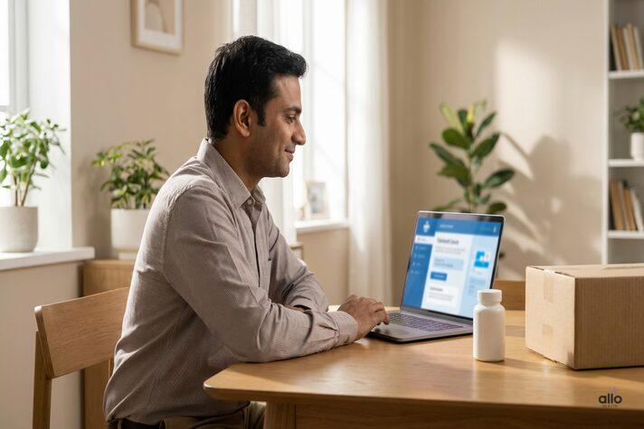 An Indian man checking a telehealth platform that prescribes roman sex pills, with a pill bottle and a delivery package placed on the table.