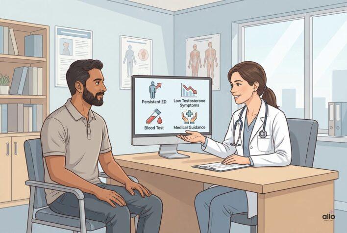 टेस्टोस्टेरोन और Erectile Dysfunction: क्या सही खाना इरेक्शन और सेक्स ड्राइव सुधार सकता है? 4 Doctor se testosterone aur erectile dysfunction par salah leta hua aadmi