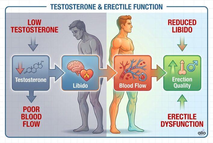 टेस्टोस्टेरोन और Erectile Dysfunction: क्या सही खाना इरेक्शन और सेक्स ड्राइव सुधार सकता है? 2 Low testosterone ka libido, blood flow aur erection par asar dikhata diagram