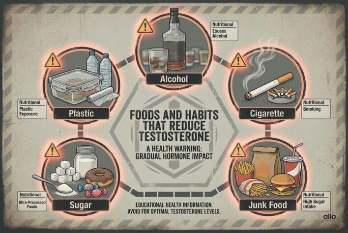 टेस्टोस्टेरोन और Erectile Dysfunction: क्या सही खाना इरेक्शन और सेक्स ड्राइव सुधार सकता है? 5 Testosterone kam karne wale food aur habits jaise alcohol aur junk food
