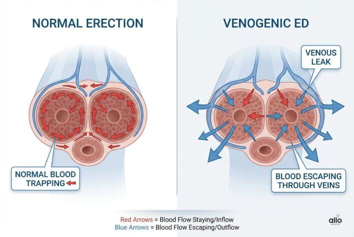Venogenic Erectile Dysfunction: इरेक्शन आता है लेकिन टिकता क्यों नहीं? कारण, जांच और इलाज 1 Normal erection aur venogenic ED ke beech blood flow ka antar