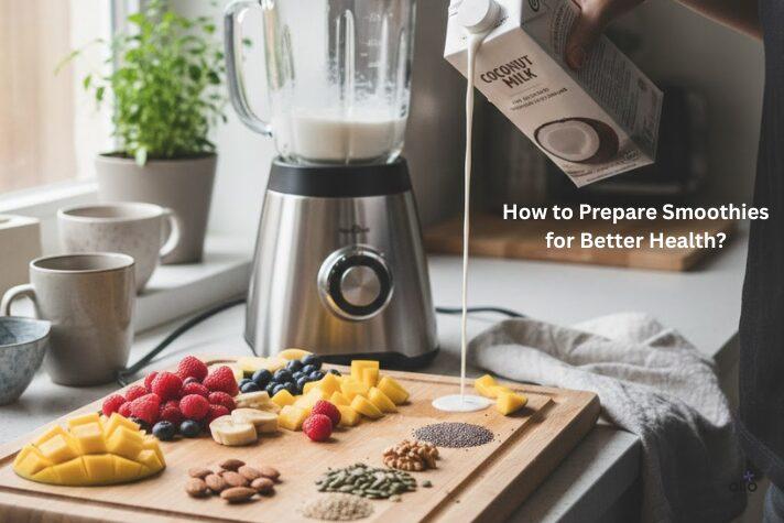 A kitchen counter with chopped fruits, nuts, and seeds being prepared for an erection smoothie, with a hand pouring coconut water into a blender in a bright, simple, and home-friendly setting.