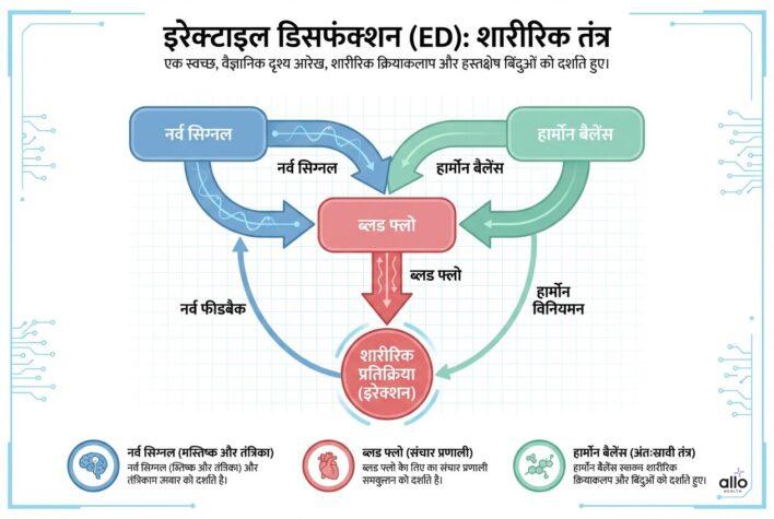 ED से बचने के 7 आसान और असरदार उपाय (इरेक्टाइल डिस्फंक्शन प्रिवेंशन) 1 erectile dysfunction ka sharirik process jisme nerve signal, blood flow aur hormone balance dikhaya gaya hai