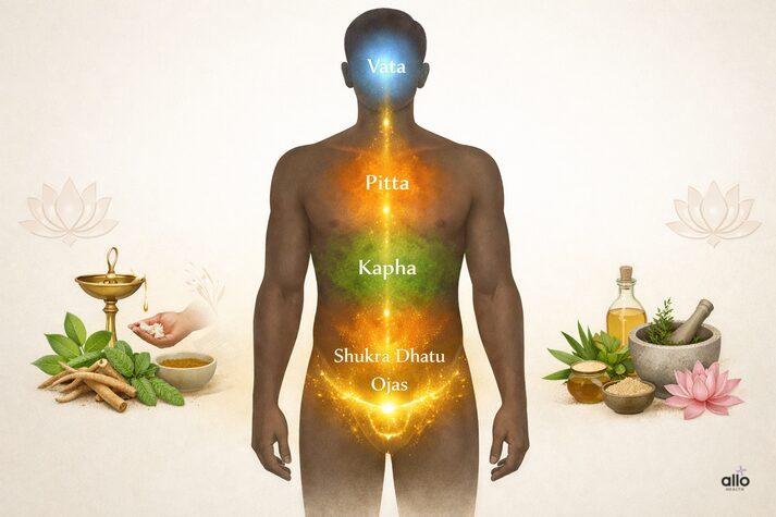 Illustration of an Indian male silhouette showing Vata, Pitta, Kapha doshas along with Shukra dhatu and Ojas, explaining Ayurvedic concepts related to erectile dysfunction and sexual vitality.
